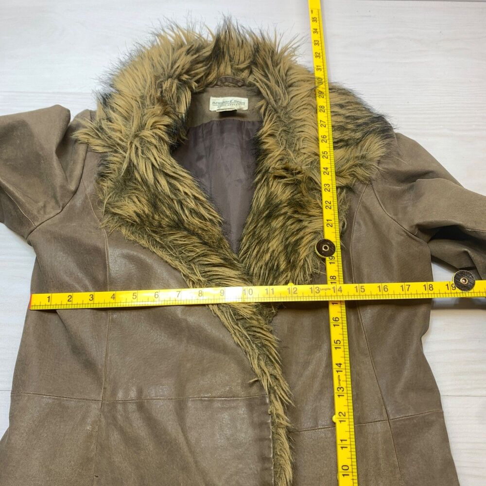Vintage Newport News Leather Coat Womens M Brown Faux Fur Trim Y2K Boho - Picture 14 of 14